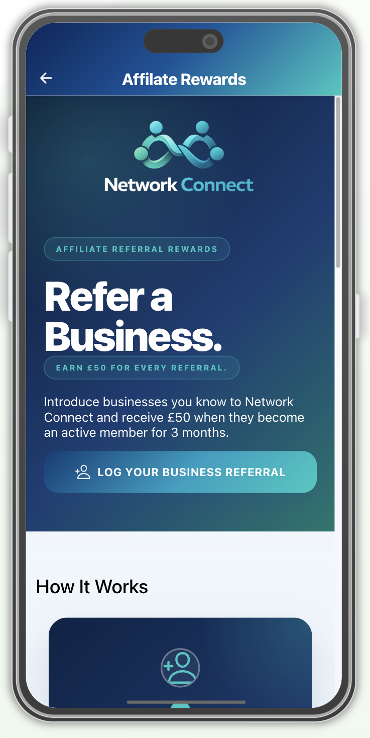 Network Connect home screen showing business search, favourites and navigation