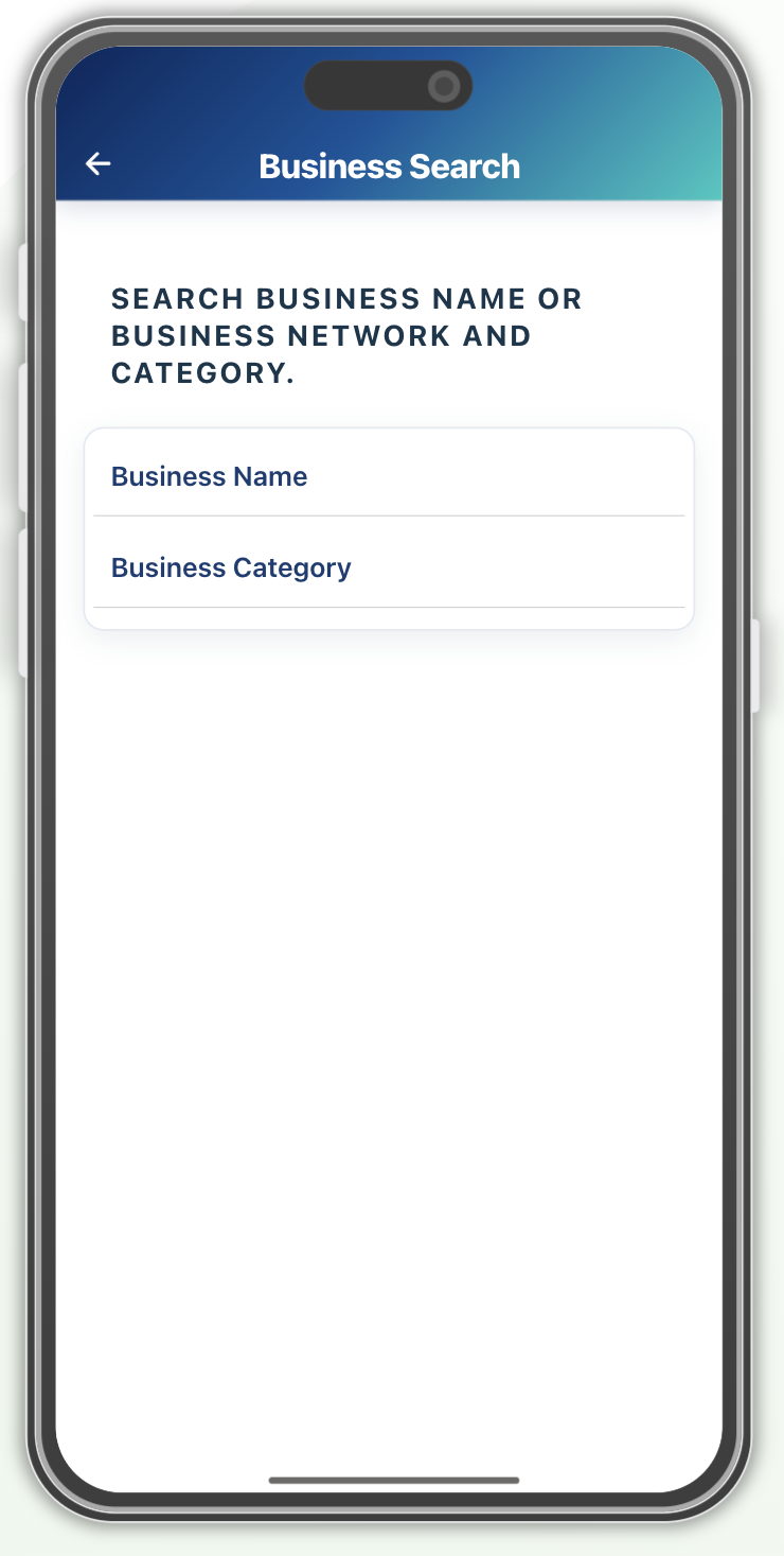 Network Connect home screen showing business search, favourites and navigation