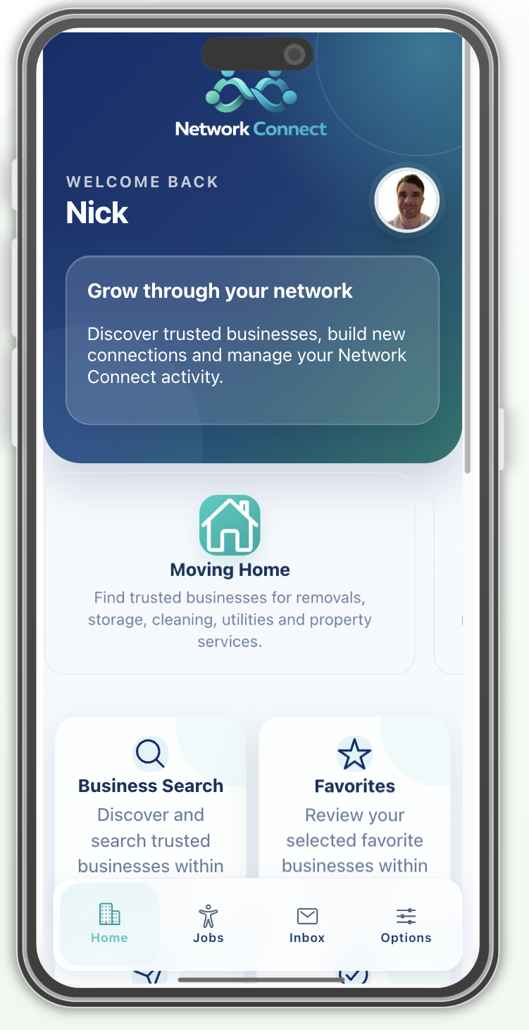 Network Connect home screen showing business search, favourites and navigation